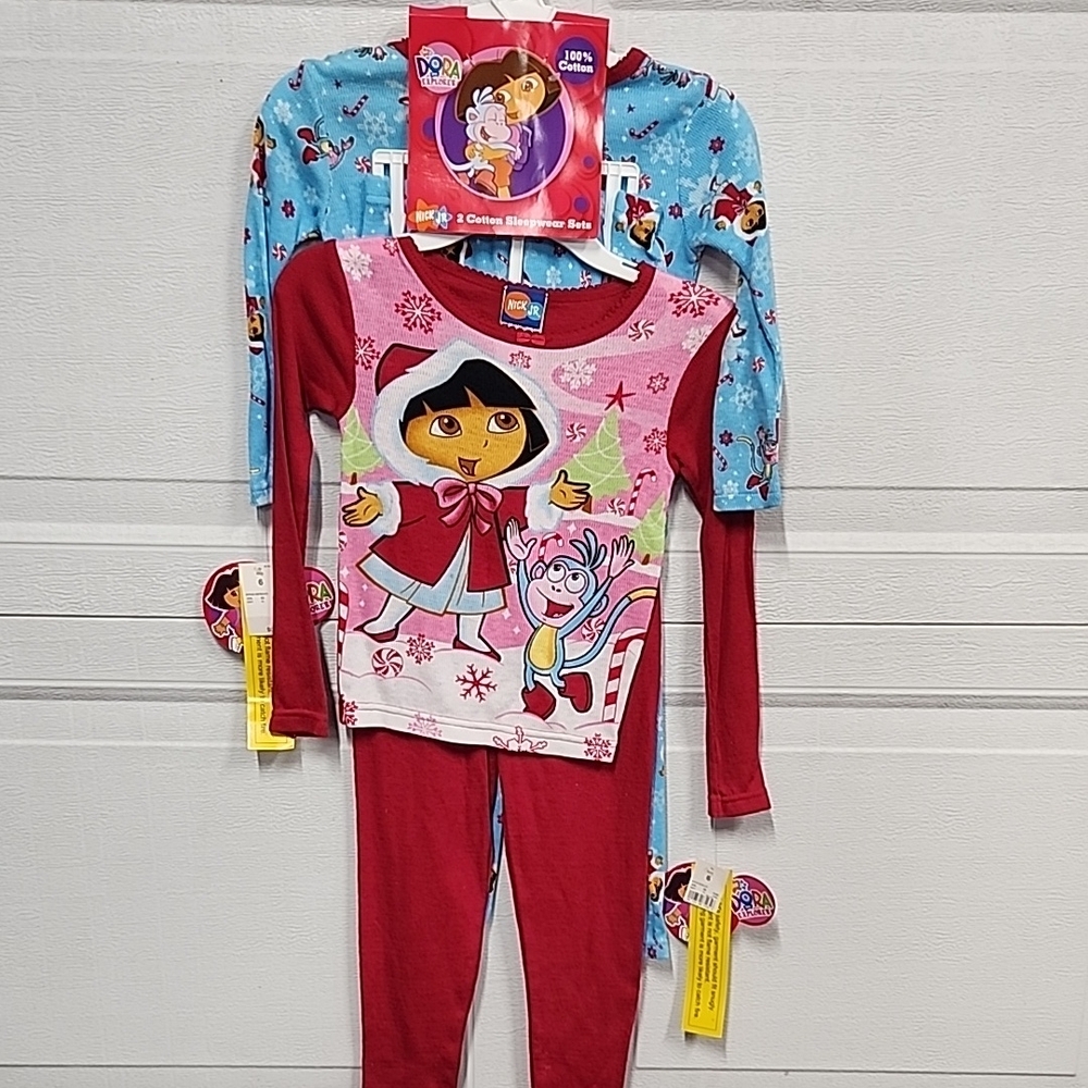 Dora the Explorer Pajama 4 Pc Set Sz 6 Holiday Winter Christmas Long Sleeve New
